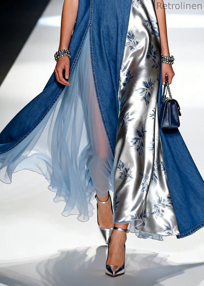 Blue Patchwork Denim Holiday Dress Asymmetrical Design Sleeveless