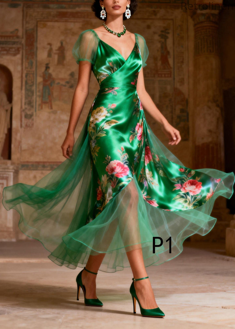 French Green Print Tulle Patchwork Silk Party Dress Summer