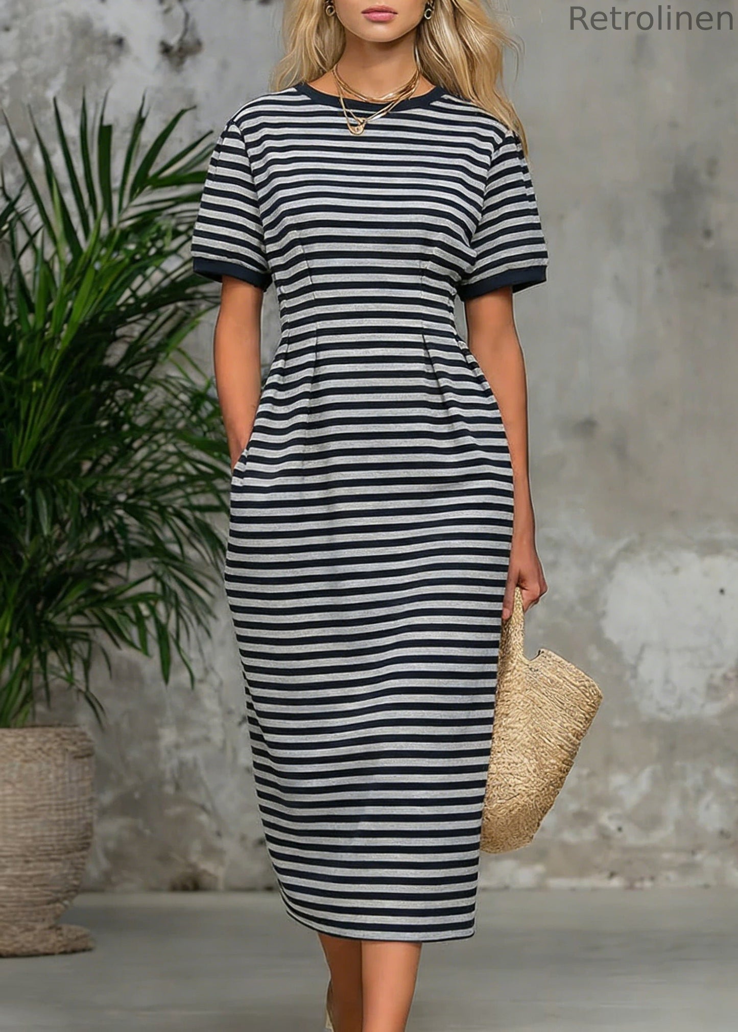 Striped Pockets High Waist Cotton Long Dress O Neck Summer