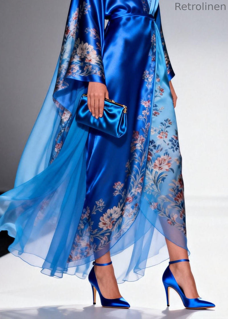 Blue V Neck Print Patchwork Chiffon Dress Spring