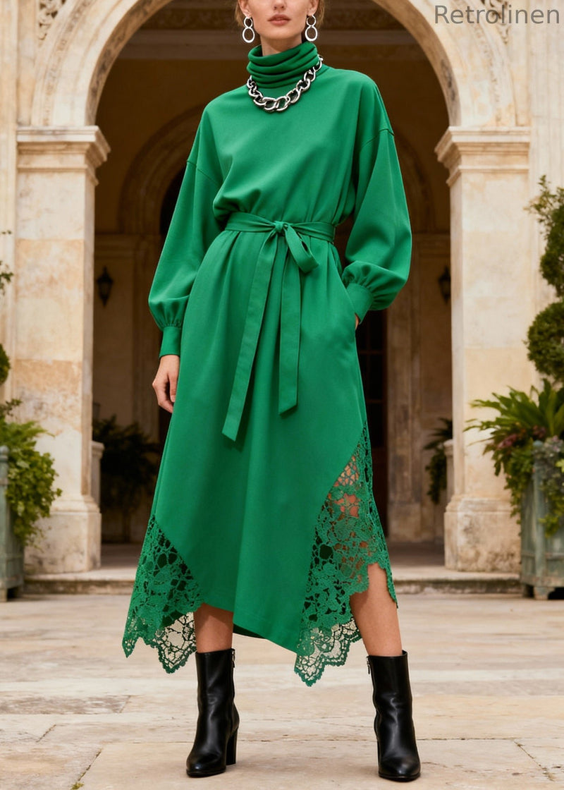 Novelty Green Turtleneck Patchwork Pockets Maxi Dresses Lantern Sleeve