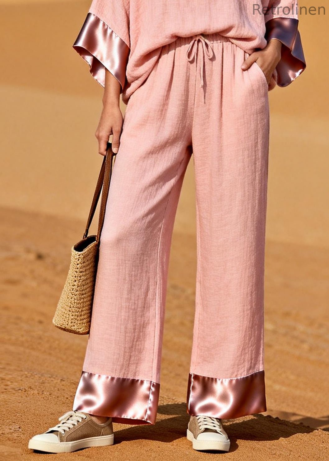 Pink V Neck Patchwork Cotton Two Pieces Set Spring