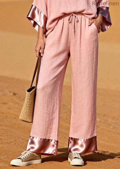 Pink V Neck Patchwork Cotton Two Pieces Set Spring