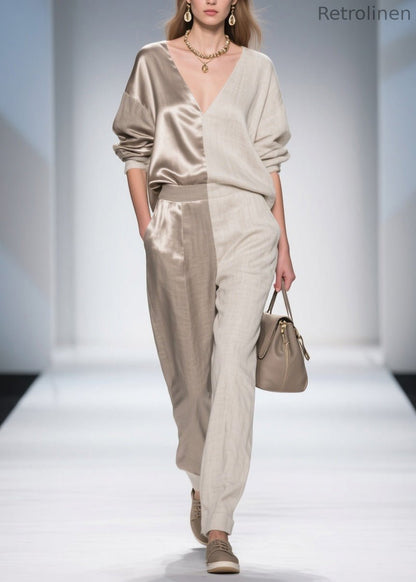 French Colorblock V Neck Patchwork Linen Silk Two Pieces Set Spring
