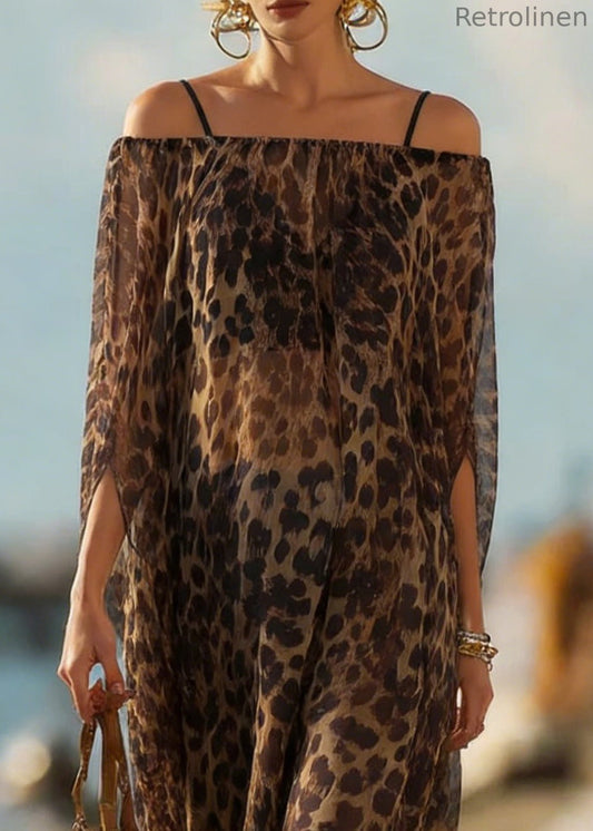 Leopard Slash Neck Silk Dresses Batwing Sleeve