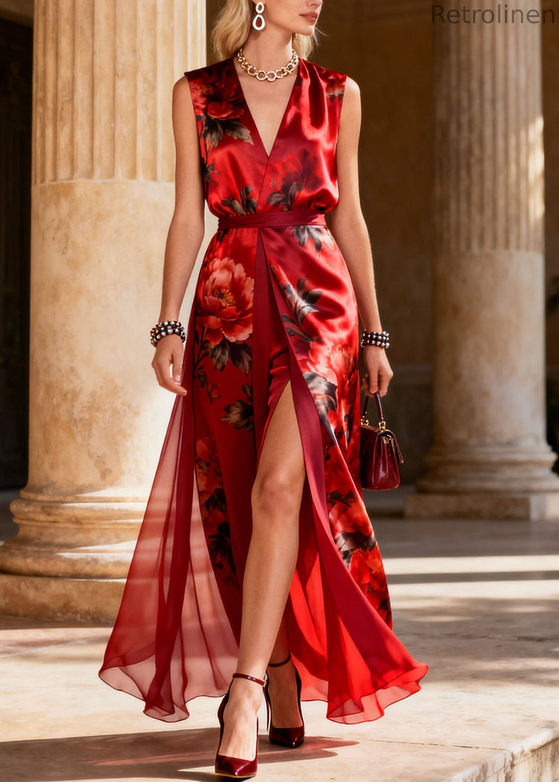 Classy Red V Neck Print Side Open Silk Dress Sleeveless