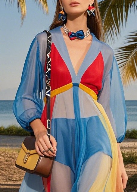 Blue V Neck Patchwork Tulle Maxi Dresses Summer