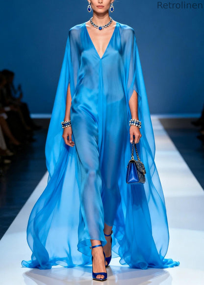 Simple Blue Oversized Draping Chiffon Holiday Dress Summer