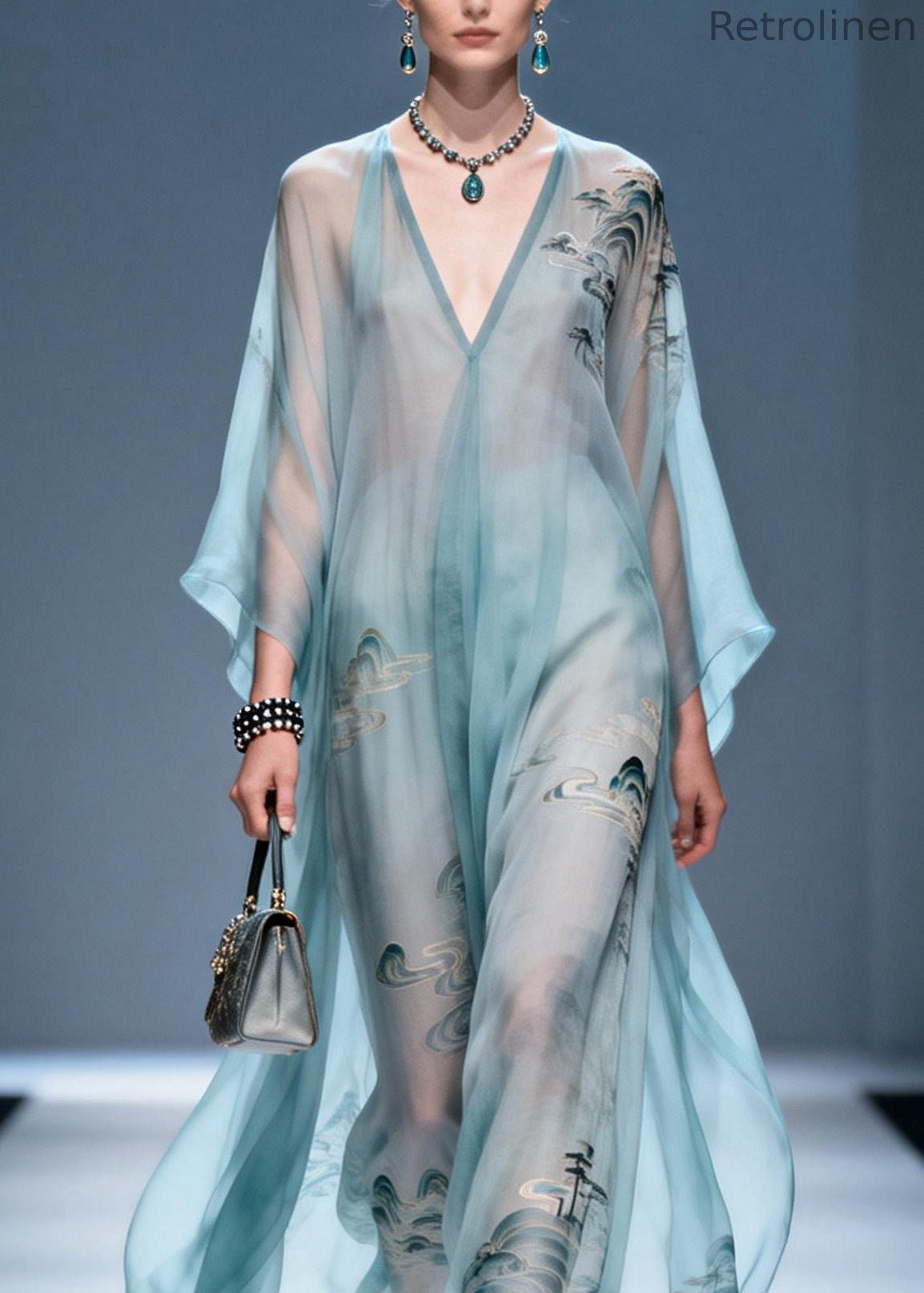 V Neck Print Chiffon Long Dresses Summer