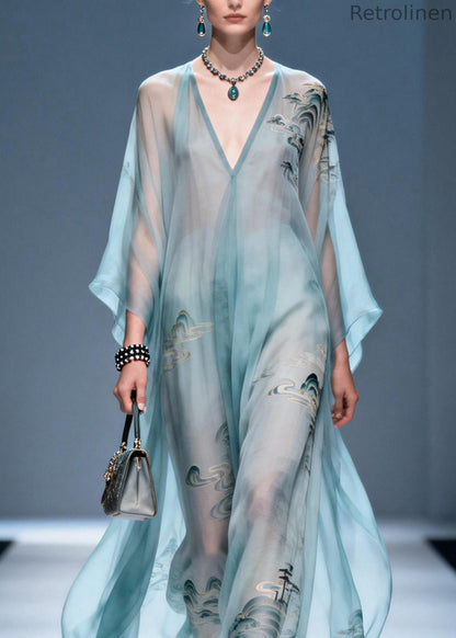 V Neck Print Chiffon Long Dresses Summer