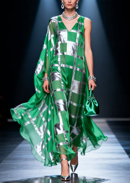 Unique Green V Neck Asymmetrical Design Print Chiffon Maxi Dresses Summer