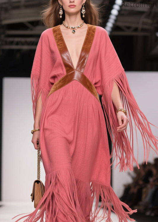 V Neck Tassel Patchwork Cotton Dress Summer