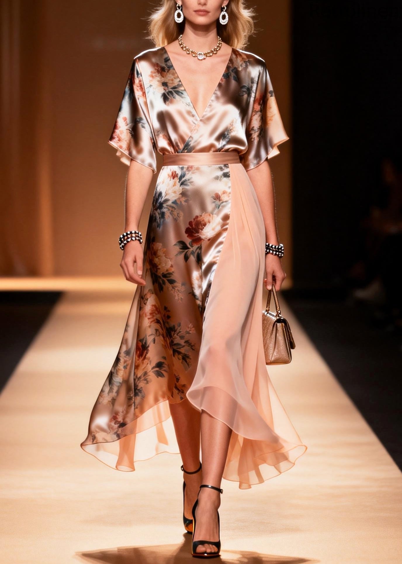Classy Apricot Asymmetrical Patchwork Print Chiffon Long Dress Summer