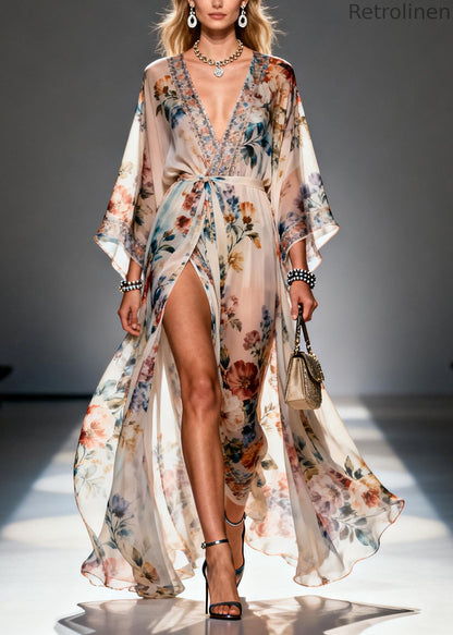 Beige Print Chiffon Maxi Dresses Exra Large Hem Side Open Summer