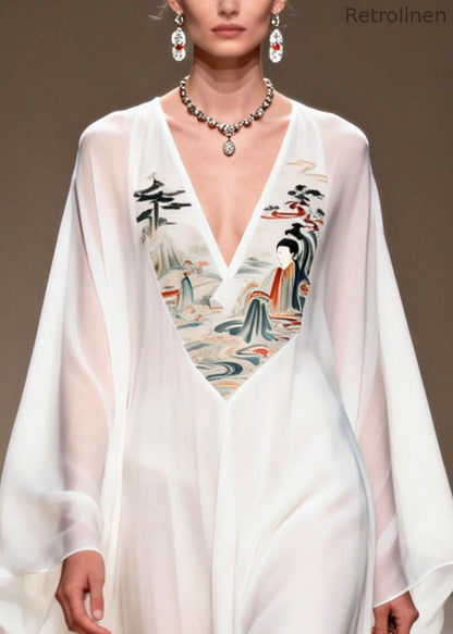 White V Neck Patchwork Print Chiffon Vacation Dress Summer