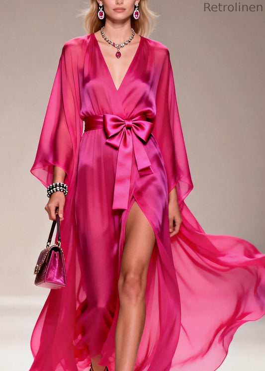 French Rose V Neck Side Open Bow Chiffon Dress Summer