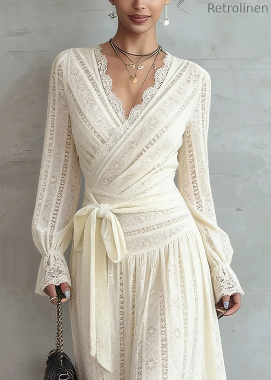 Beige Lace Tie Waist Warm Fleece Long Dress Spring