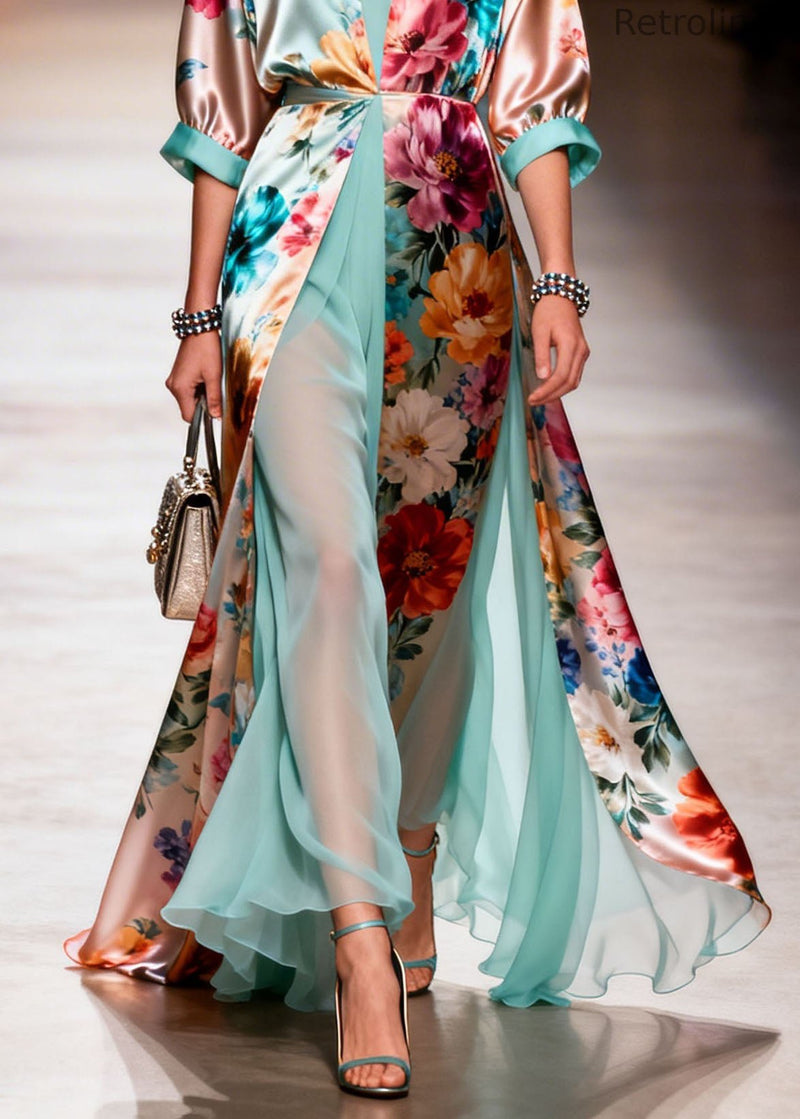 V Neck Print Patchwork Silk Dresses Summer