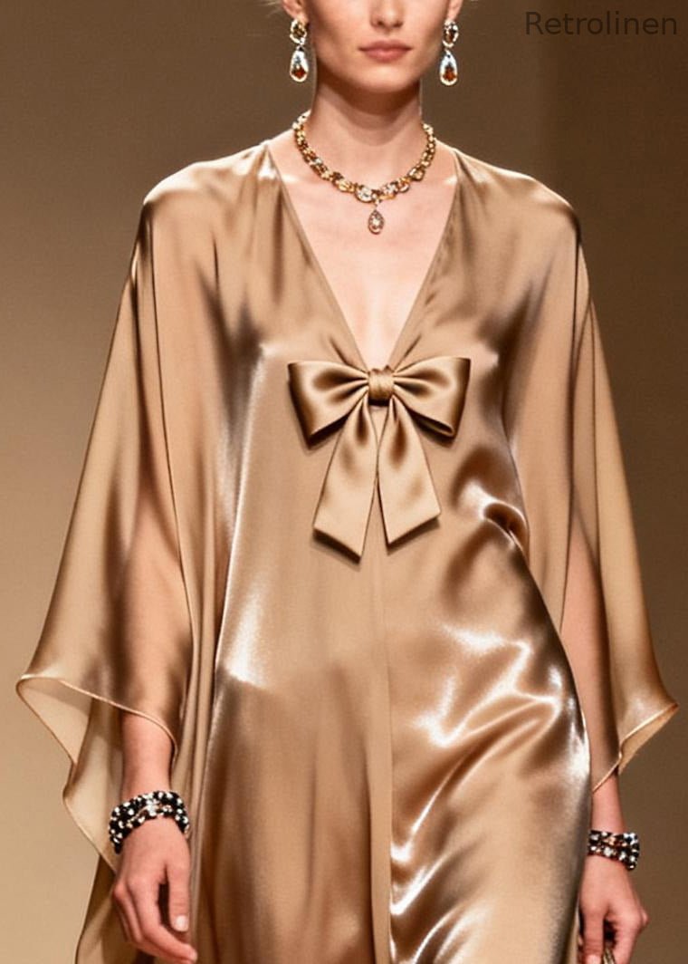 French Khaki V Neck Bow Chiffon Maxi Dress Summer