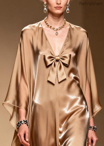 French Khaki V Neck Bow Chiffon Maxi Dress Summer
