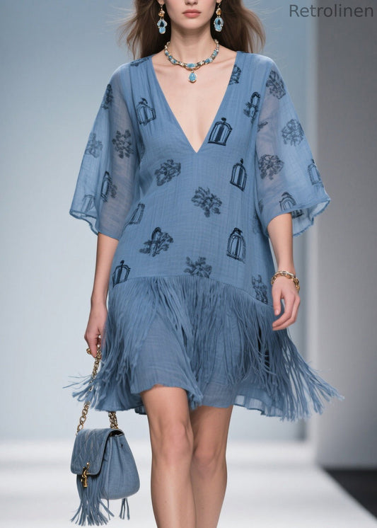 Art Blue V Neck Print Tassel Cotton Mid Dress Summer