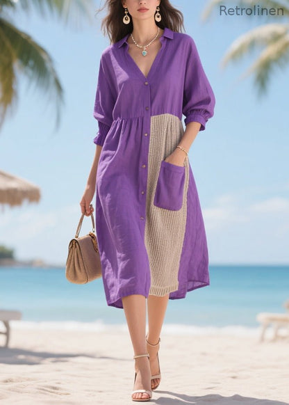 Purple Asymmetrical Patchwork Cotton Dresses Summer