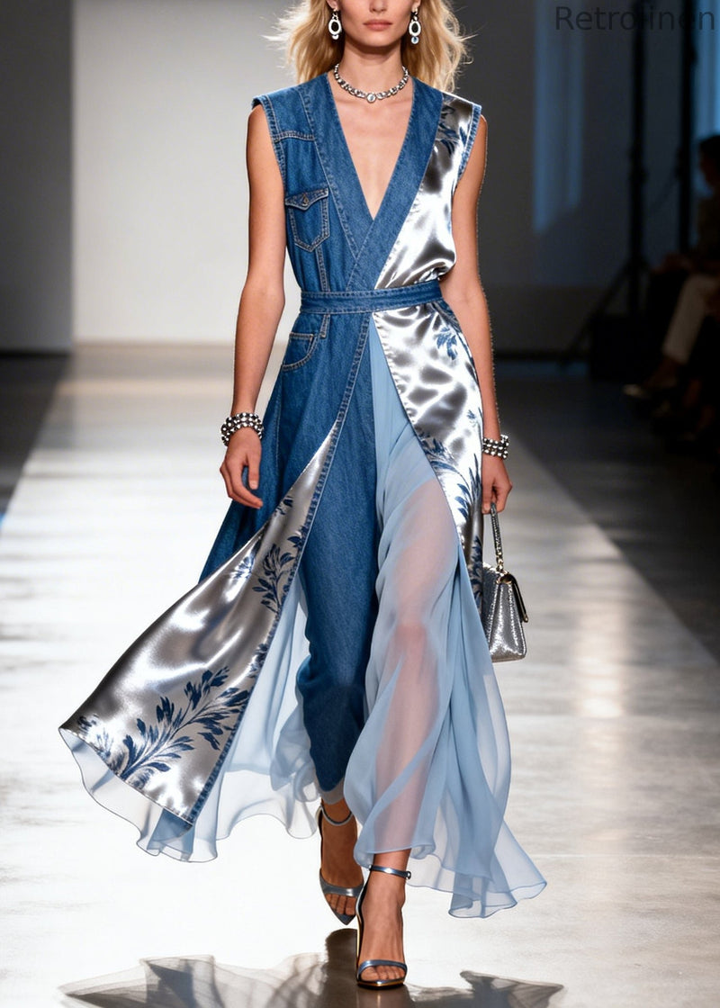 Fine Blue Asymmetrical Patchwork Denim Vacation Dress Sleeveless