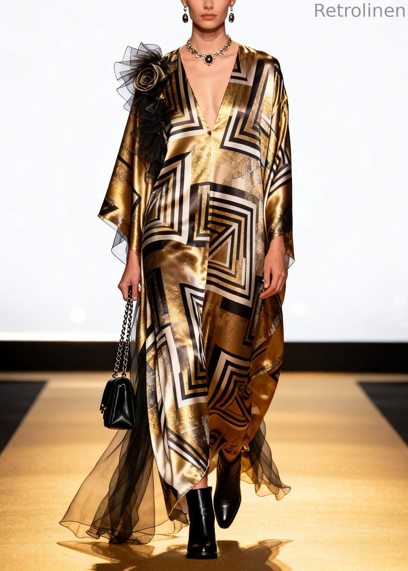 Loose V Neck Print Patchwork Silk Long Dress Spring