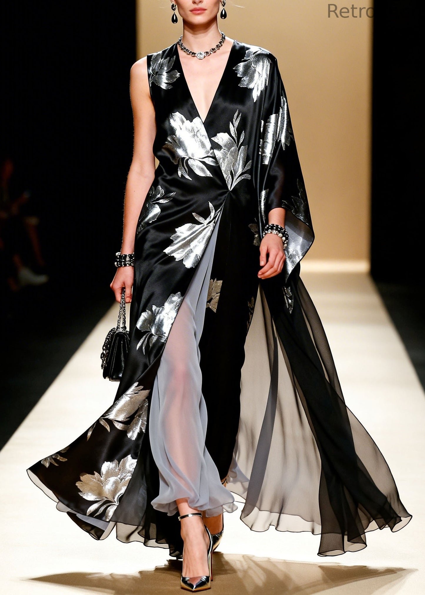 Black V Neck Asymmetrical Design Patchwork Chiffon Dress Summer
