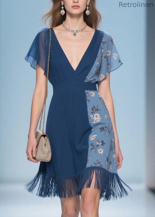 Unique V Neck Print Tassel Patchwork Cotton Dresses Summer