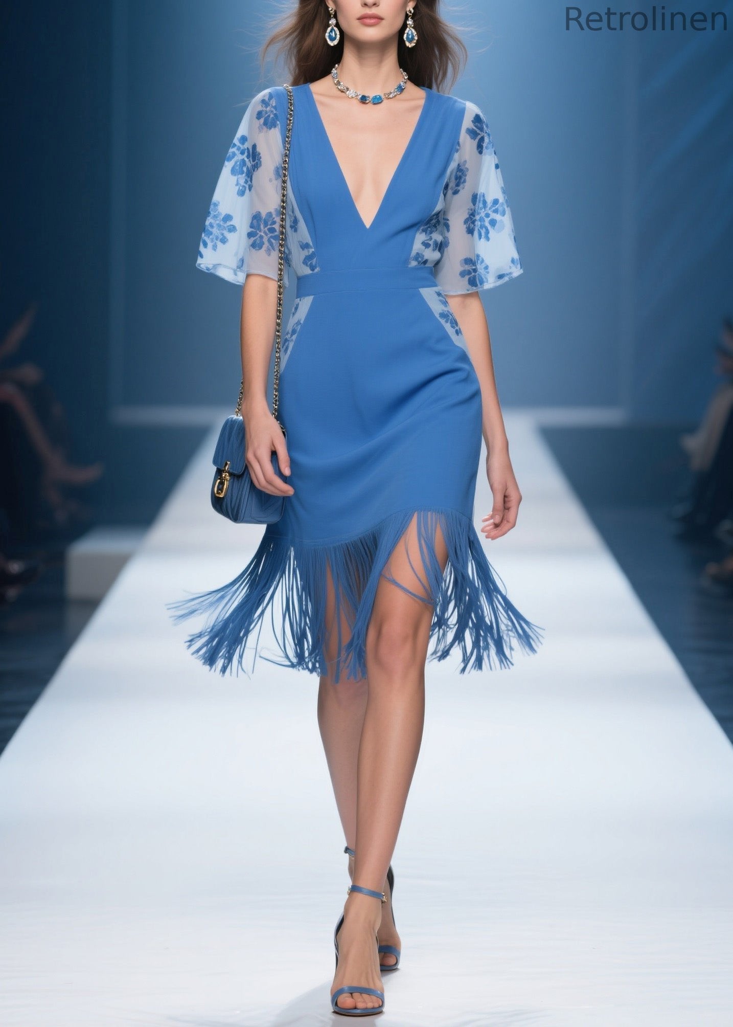 Handmade Blue V Neck Print Tassel Patchwork Cotton Dresses Summer