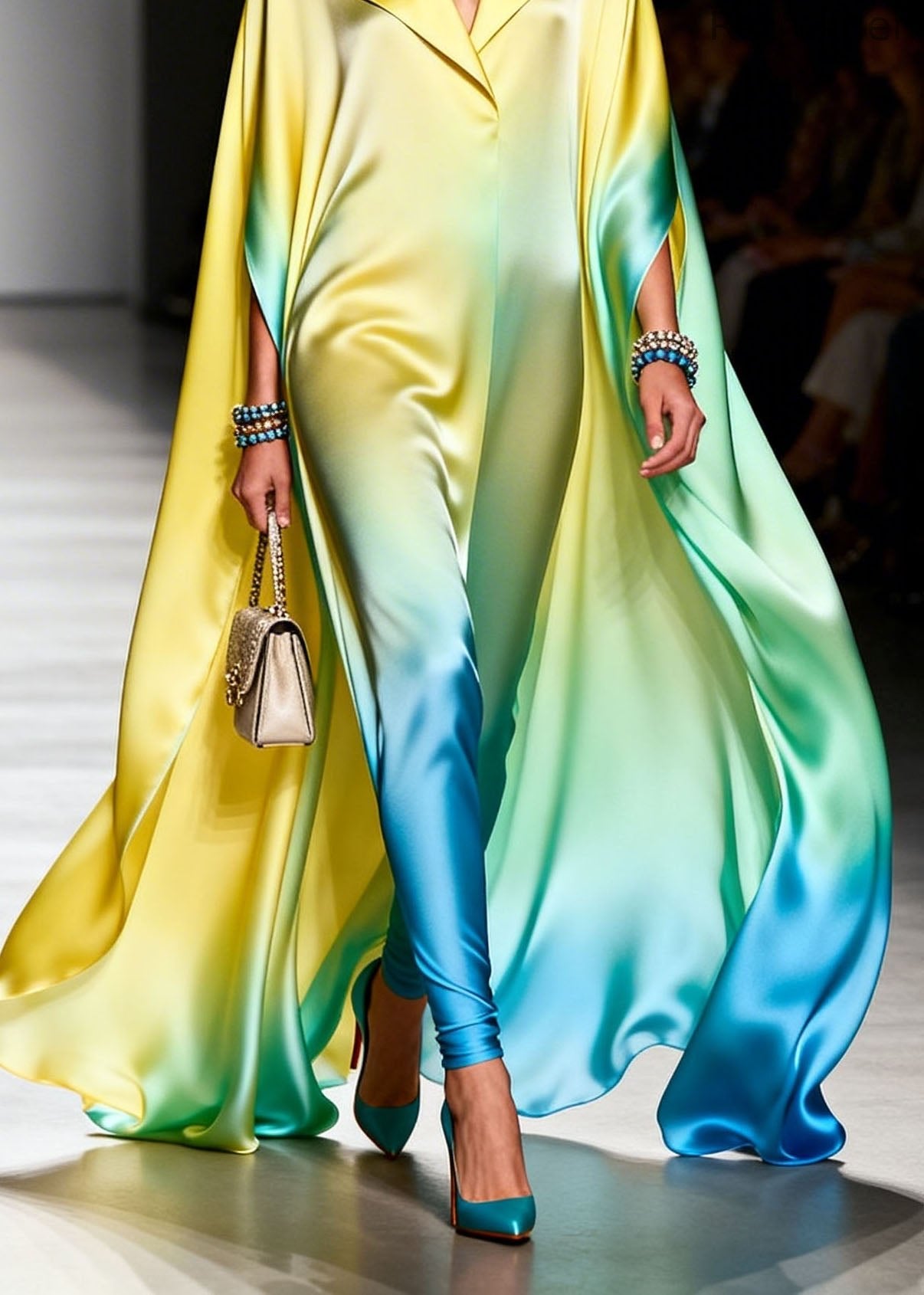 Italian Gradient Color Peter Pan Collar Chiffon Maxi Dresses Summer
