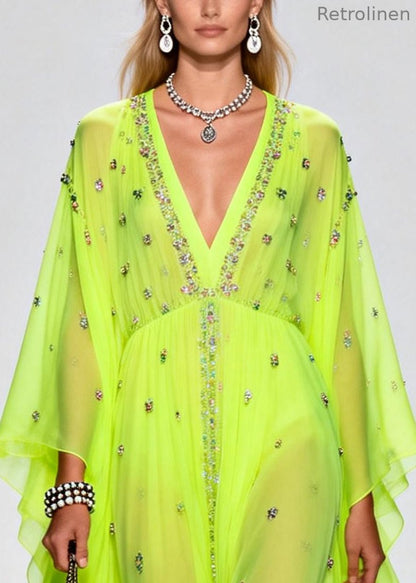 Original Design Fluorescent Green Rhinestone Exra Large Hem Chiffon Party Dresses Summer