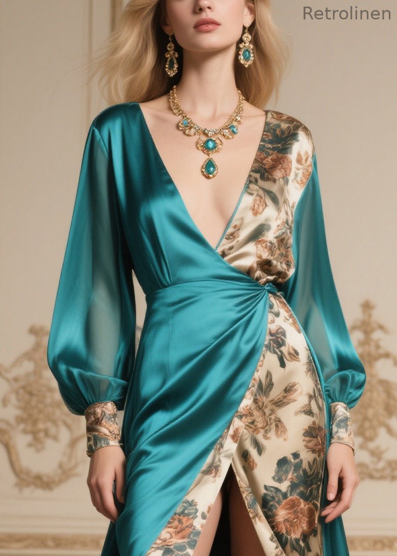 Italian Peacock Blue Exra Large Hem Patchwork Side Open Chiffon Dress Summer
