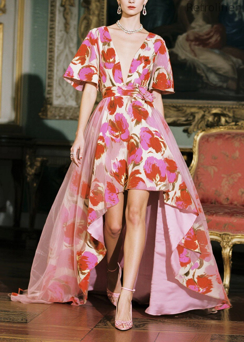 V Neck Low High Design Print Chiffon Dresses Summer