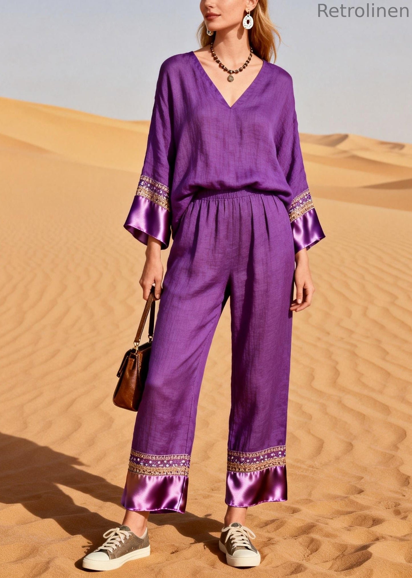 Organic Purple V Neck Patchwork Silk Cotton Two Piece Set Spring