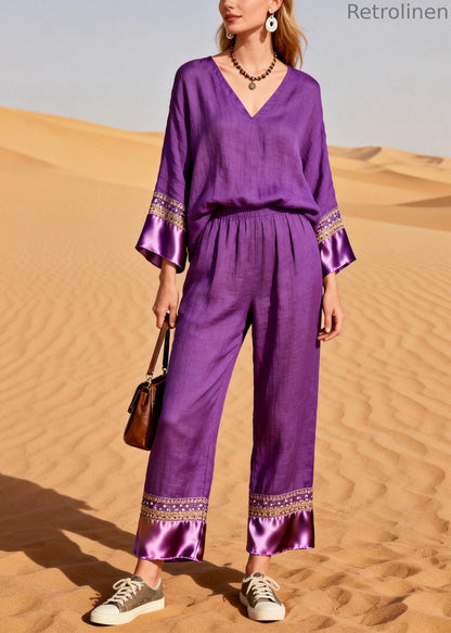 Organic Purple V Neck Patchwork Silk Cotton Two Piece Set Spring