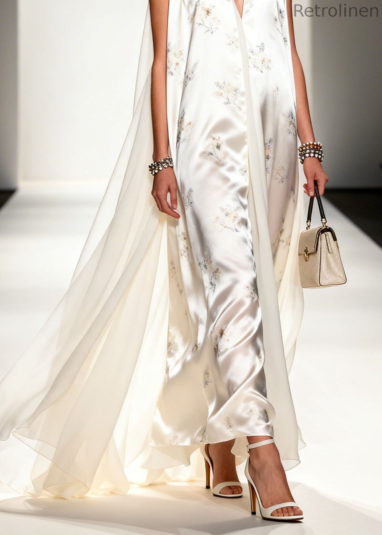 Modern V Neck Print Patchwork Silk Long Dresses Sleeveless