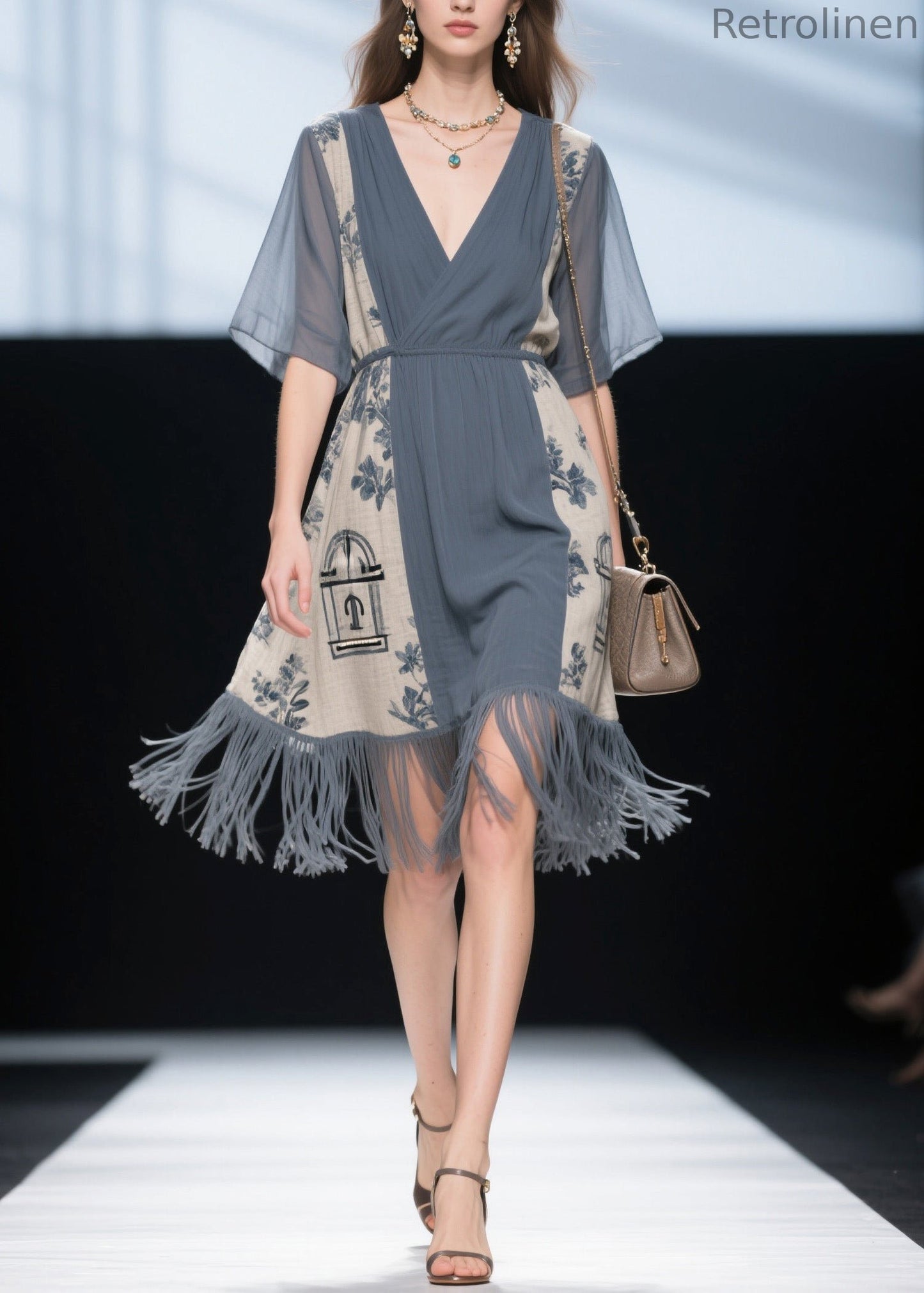 V Neck Print Tassel Patchwork Cotton Dress Summer