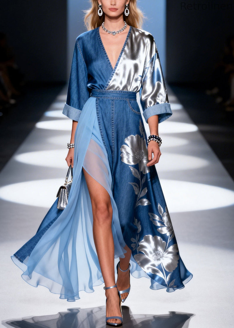 Denim Blue Patchwork Tulle Dress Asymmetrical Side Open Summer
