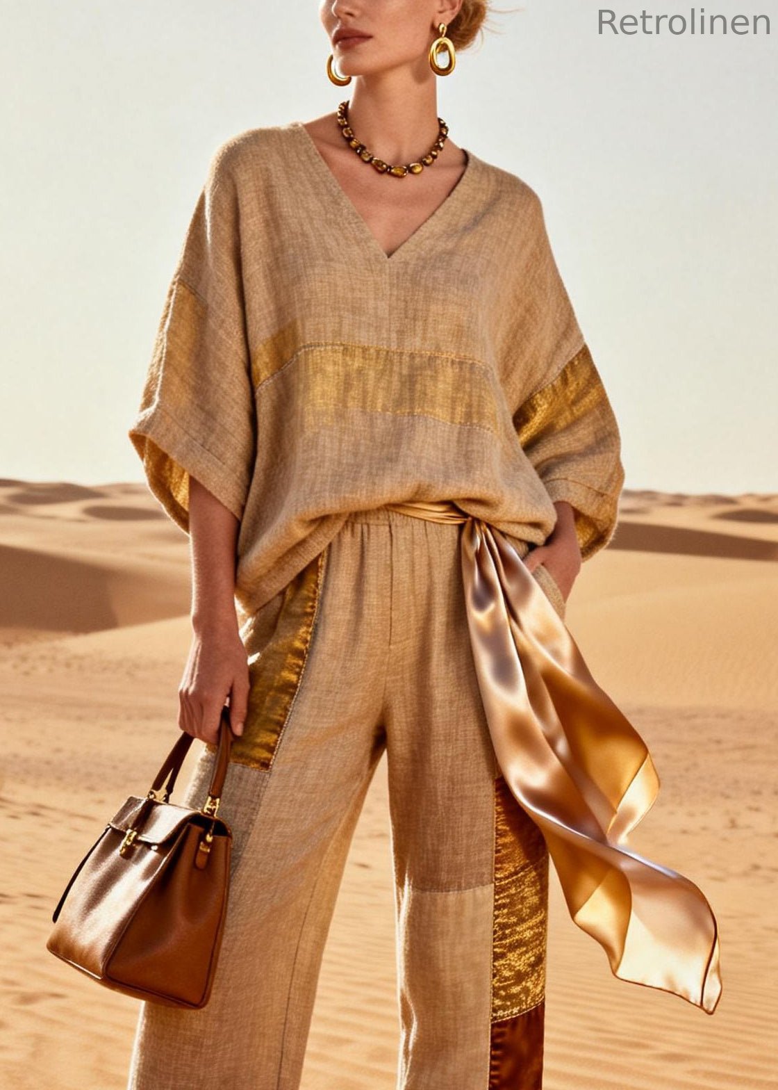 Khaki V Neck Tops and Crop Pants Patchwork Silk Linen Two Pieces Set Batwing Sleeve
