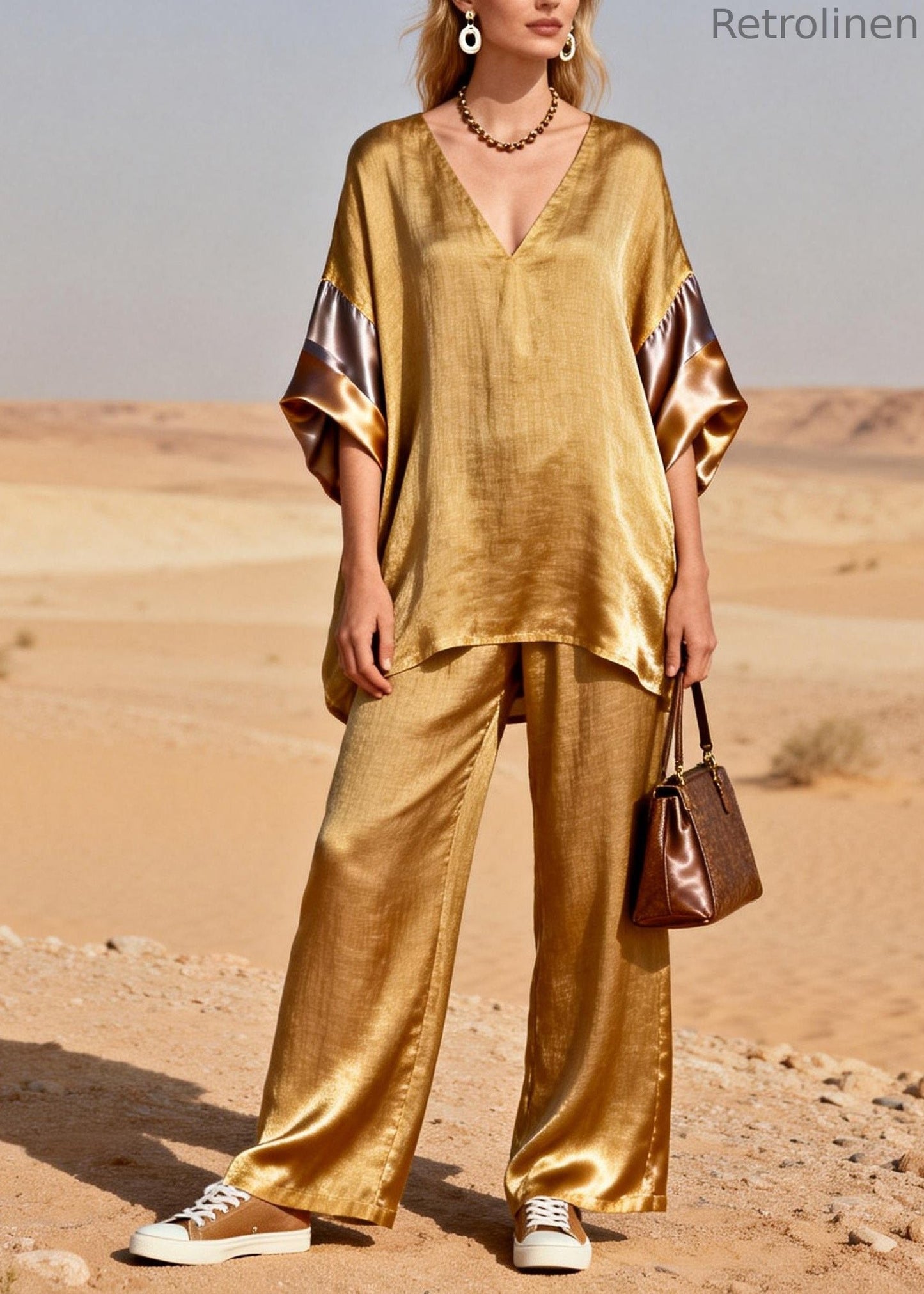 New Gold V Neck Patchwork Linen Silk Two Piece Suit Set Spring