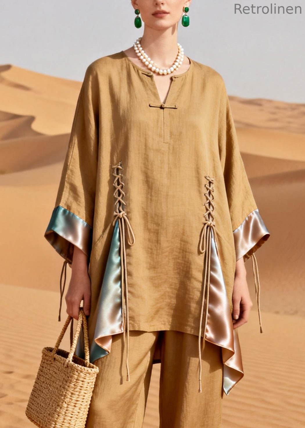 Original Designkhaki Lace Up Patchwork Silk Linen Two Pieces Set