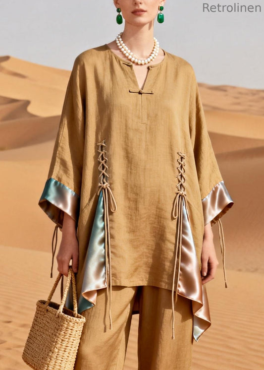 Original Designkhaki Lace Up Patchwork Silk Linen Two Pieces Set