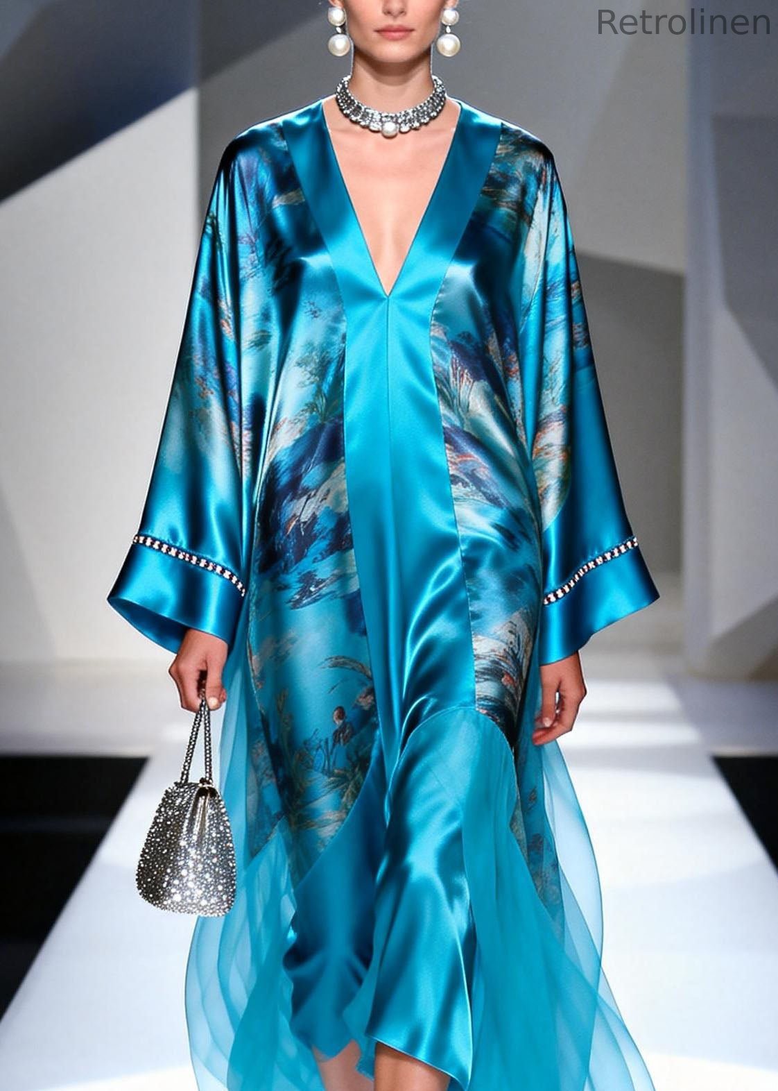 Blue V Neck Print Zircon Silk Long Dress Spring