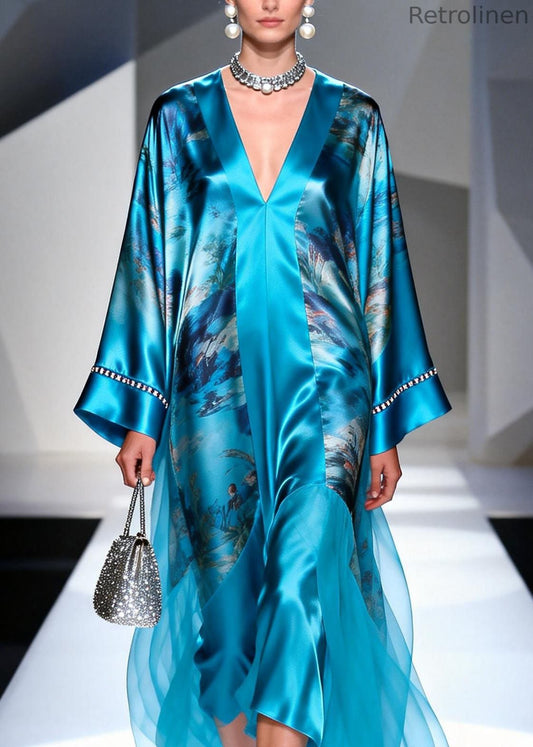 Blue V Neck Print Zircon Silk Long Dress Spring