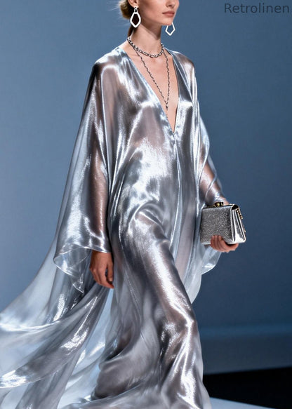 Stylish V Neck Silver Silk Long Dress Spring