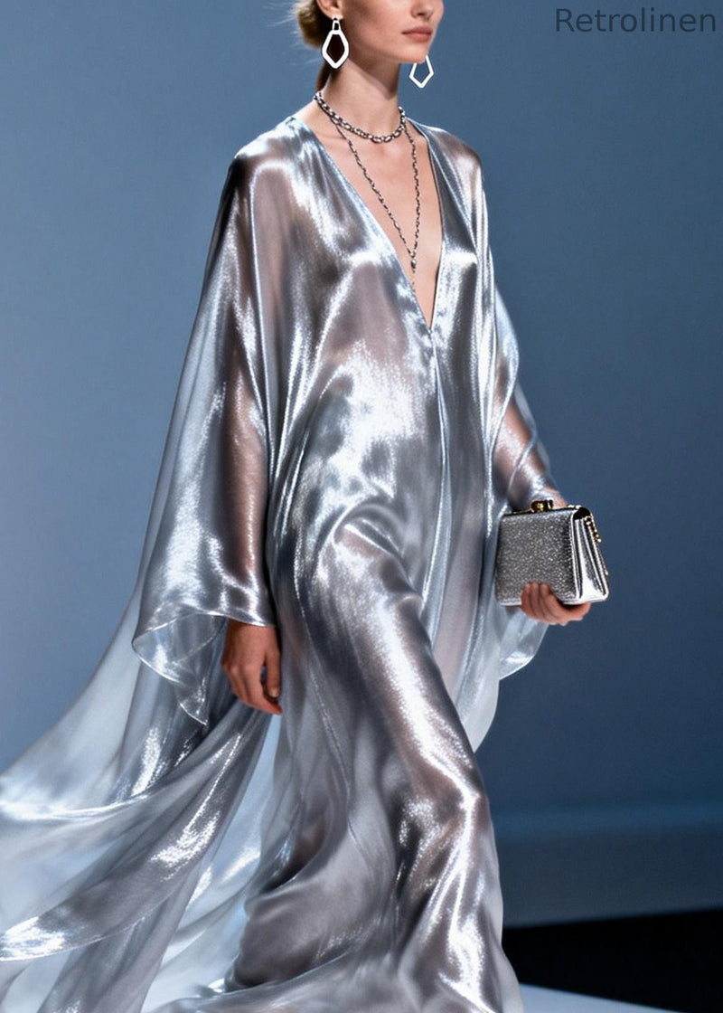 Stylish V Neck Silver Silk Long Dress Spring
