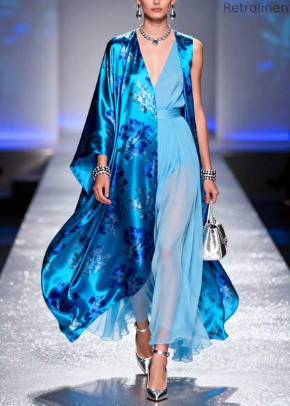 V Neck Print Silk Cardigans and Chiffon Dress Two Piece Set Summer