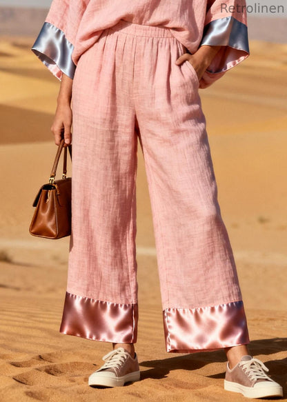 Pink Oversized Patchwork Linen Silk Two Pieces Set Spring